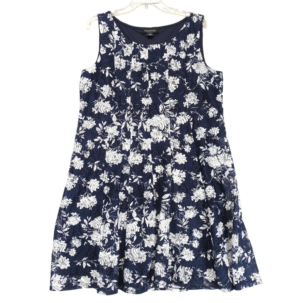 Perceptions Navy Floral Lace Fit & Flare Dress Sz XL Petite Knee-Length Romantic
